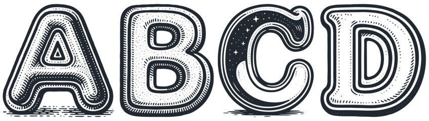 Rounded capital letters A, B, C, D in vintage engraving style. Monochrome decorative font elements. Vector illustration.