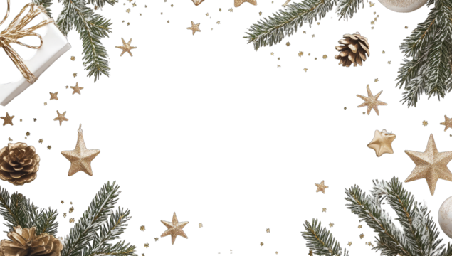 Christmas frame with gifts, pine branches, and ornaments