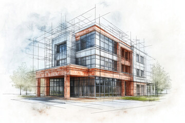 Architectural Sketch of a Modern Building with Orange Accents, Linear Overlays and Trees