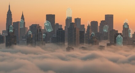 Cityscape shrouded in clouds floating price tags