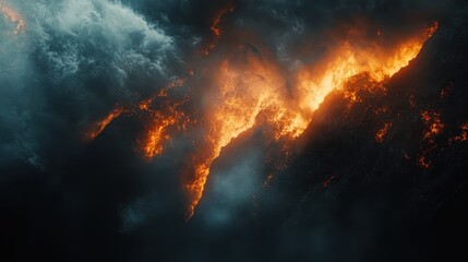 Fototapeta premium Volcano erupts dramatically at sunset, showcasing powerful ash cloud and flowing lava in a mountainous landscape