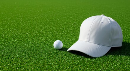 White golf cap and ball on green grass, mockup template