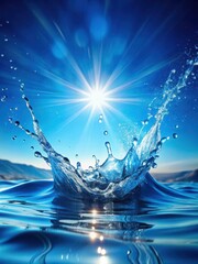 Water splash creating waves and droplets in a bright blue background with sunlight filtering through