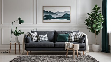 A modern gray sofa set in an elegant and bright room.