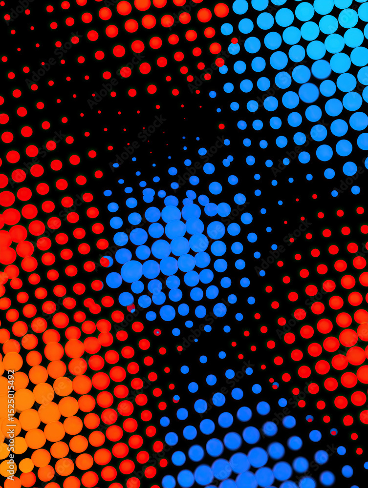 Poster colorful halftone dots create vibrant geometric patterns with red and blue gradients.