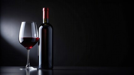 Dark red wine bottle with a glass resting on a black background