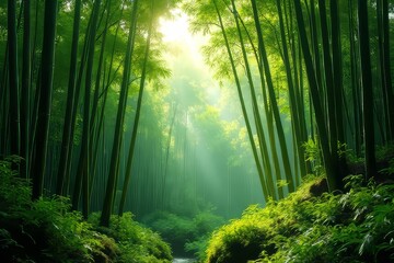 Naklejka premium Lush Green Bamboo Forest Sunlight Streams Through Trees