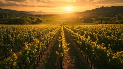 Fototapeta premium Sunset over sprawling vineyard showcasing rows of grapevines in serene countryside landscape