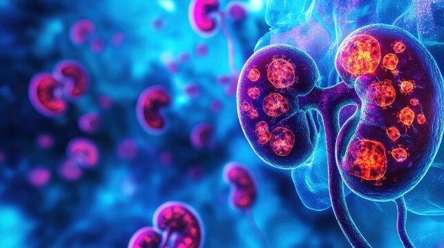 medical illustration of kidneys under stress from hypertension, showing damaged nephrons and impaired filtration.