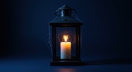 Vintage lantern with a lit candle, Halloween theme, spooky atmosphere, copy space
