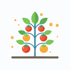 Tomato Plant Icon: A minimalist illustration of a vibrant tomato plant, showcasing ripe red and transitioning yellow tomatoes among lush green leaves, symbolizing growth and freshness.
