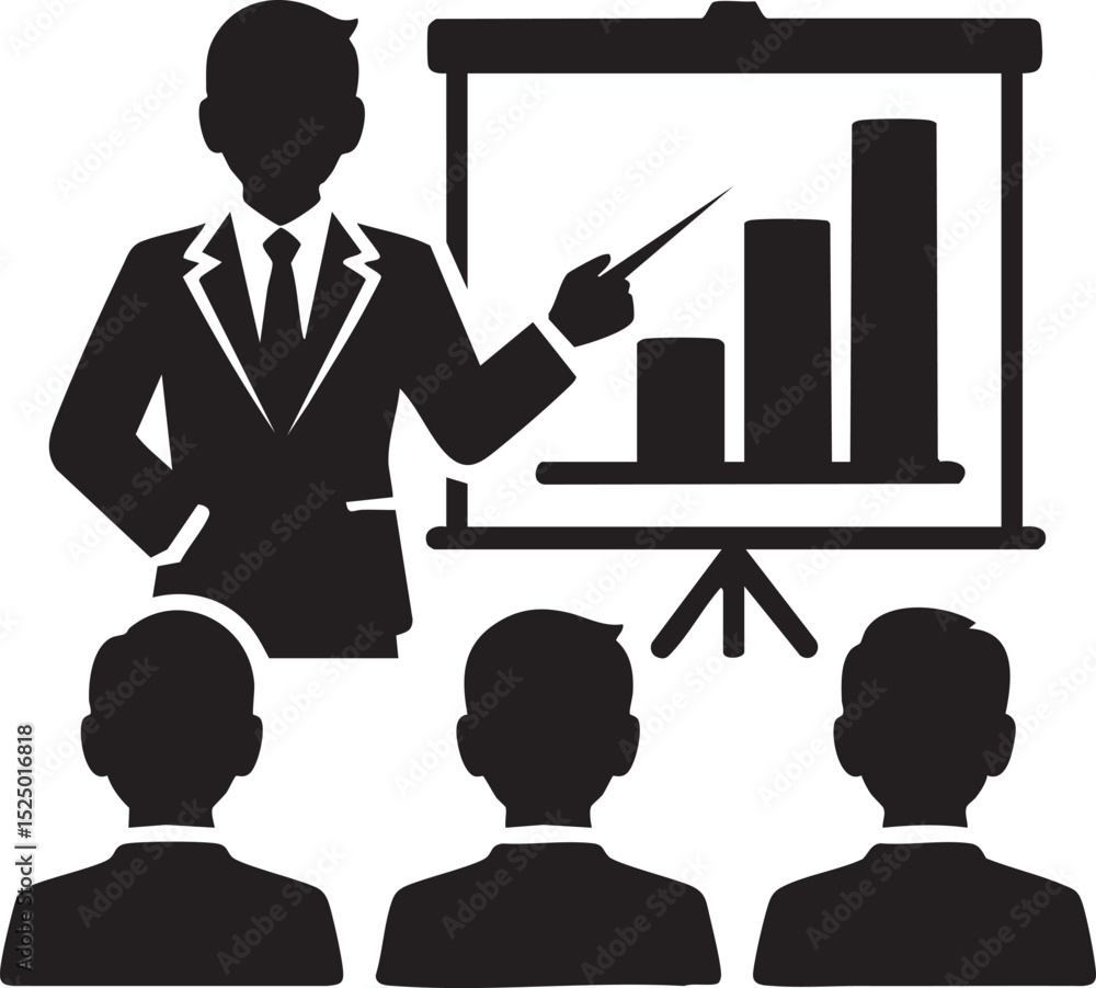 Poster black business presentation icon with speaker audience and chart isolated on white background symbol
