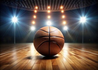 A basketball bouncing on a hardwood court with spotlights shining down