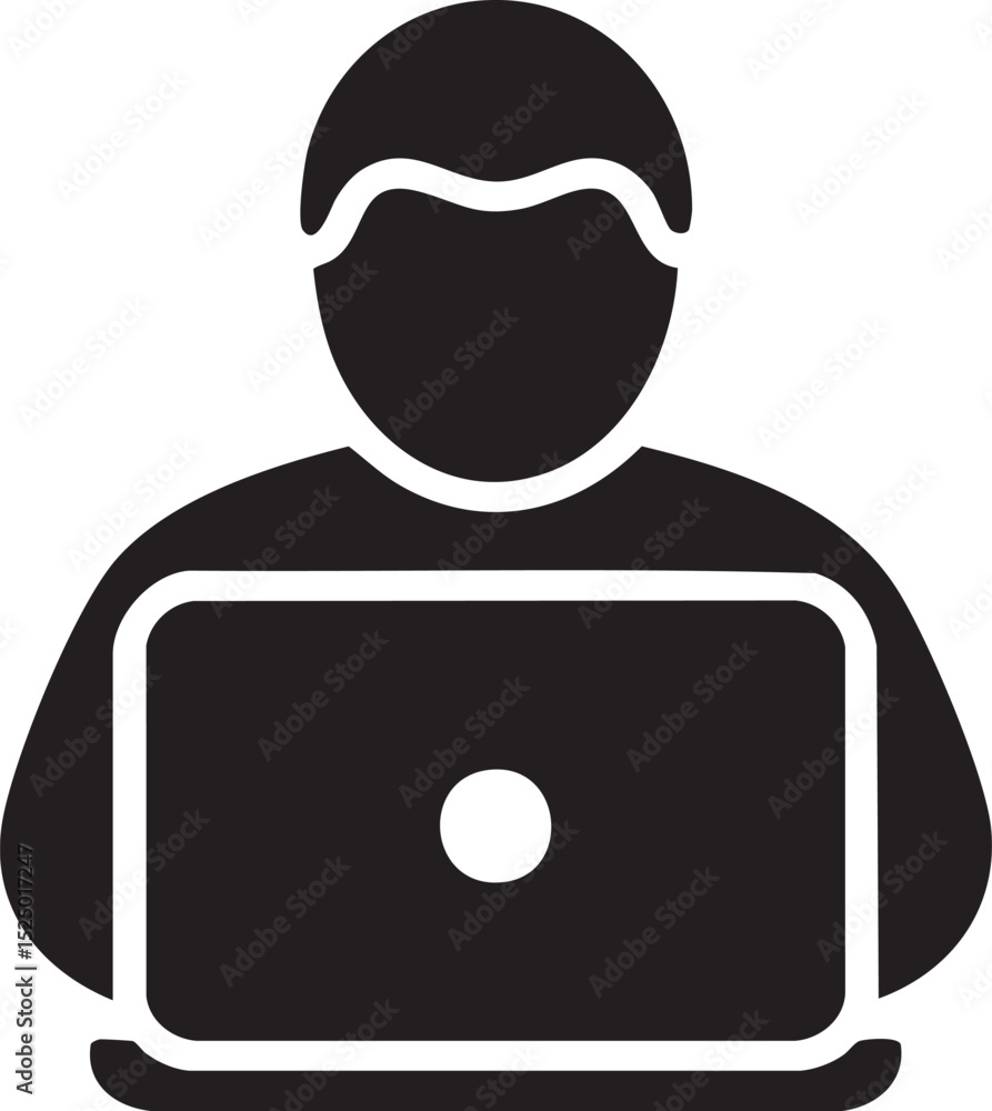 Poster black icon of person using laptop isolated on white background symbol for remote work online learnin
