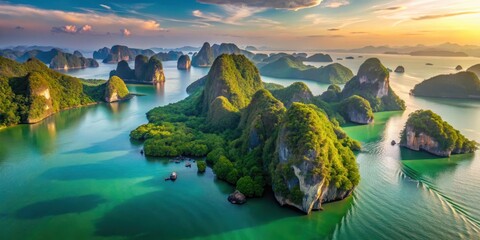 Aerial view of Hong Island's lush tropical landscape at sunrise over Phang Nga Bay in a turquoise sea with towering limestone cliffs and emerald waters
