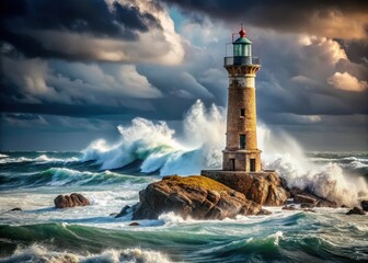 Lighthouse standing alone on rocky shoreline against stormy sea
