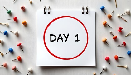 "minimalist wall calendar with red circle around 'day 1' date, surrounded by planning pins on white background. fresh start scheduling concept"