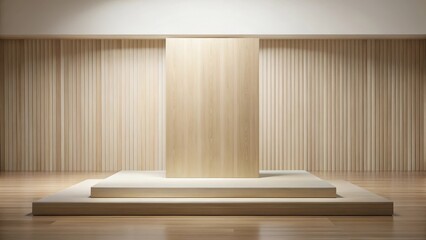 Elegant beige stage with wooden podium set against a simple white backdrop for formal events and presentations