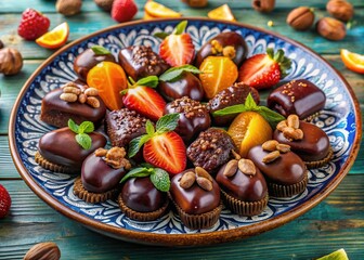 Dainty chocolate-covered dates on a colorful dessert platter arranged artfully with fresh fruit and nuts