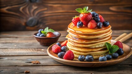Pancakes with fresh berries and honey on a wooden background