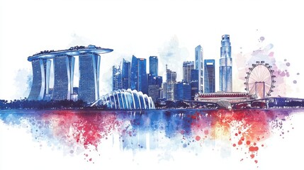 Soft color watercolor illustration celebrating the essence of National Day in Singapore.