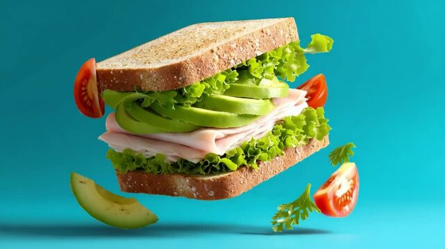 Floating sandwich with turkey, avocado, lettuce and tomato on turquoise background