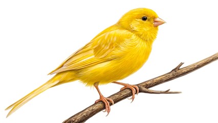 Fototapeta premium Detailed Illustration of Yellow Canary Perched on Thin Tree Branch with White Background 