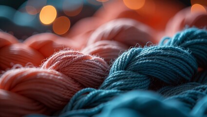 Yarn for knitting or crocheting in close-up. Thin fibers of pink and blue threads. Handicrafts and hobbies. Wool, viscose or acrylic yarns. Abstract background