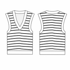 Sketch of knitted vest, in stripes. Fashion vest template, front and back view. Outline template of summer knitted sleeveless vest.
