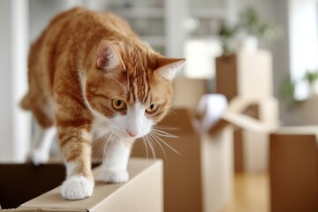 Curious cat explores moving box in bright living room environment Generative AI