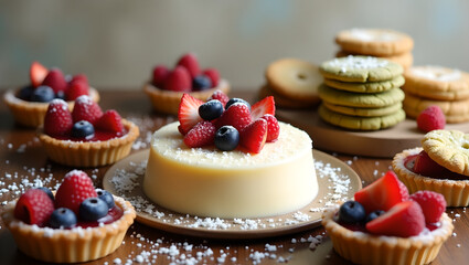 Creamy White Mousse with Berry Tarts and Matcha Cookies on Wooden Table