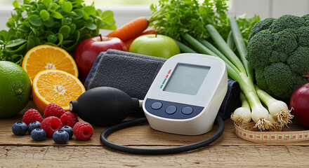 Healthy eating habits blood pressure monitor fresh produce vibrant colors delicious fruits vegetables wellness lifestyle