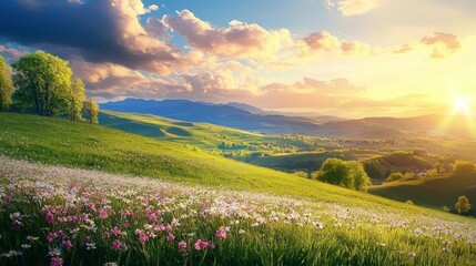 Scenic spring landscape featuring lush rolling hills.