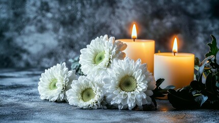 Peaceful arrangement illustrating condolence themes through light and floral symbolism.