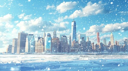 The enchanting New York skyline blanketed in snow.