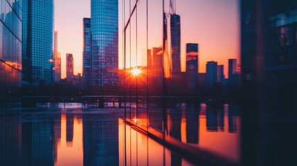 Fototapeta premium City skyline at dusk with reflections on water in a bustling metropolitan area