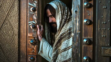 The man who betrayed Jesus Christ in a white robe standing in front of a door vertical video - Powered by Adobe