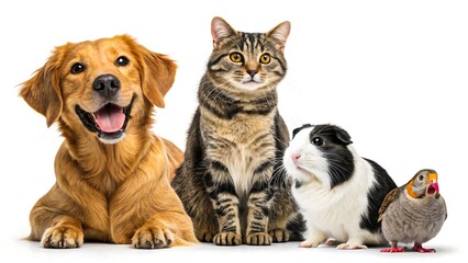 Fototapeta premium Group of Happy Pets Including Dog, Cat, Guinea Pig, and Parrot Sitting Together on White Background 