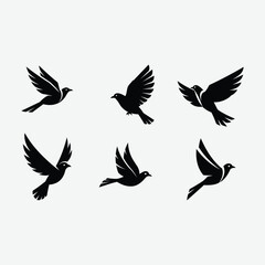 Discover this minimalist bird logo set featuring six unique, black, geometric bird designs in flight. Each logo showcases clean, abstract shapes with symmetrical composition .