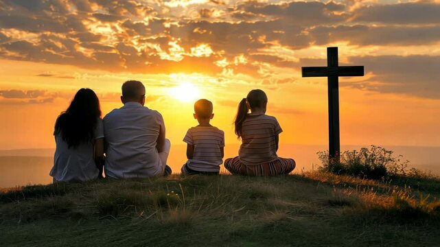 A religious family of four sit on a hillside looking at the sunset with a cross next to them