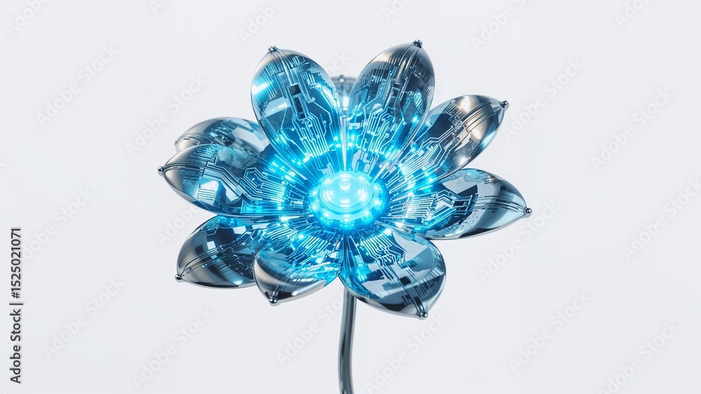Poster a futuristic flower with circuit patterns and a glowing center on a clean white background scene