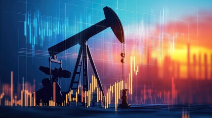 Abstract financial graph collapsing over energy sector icons and crude oil elements