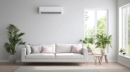 Energy efficient air conditioner with fresh natural in a modern living room,