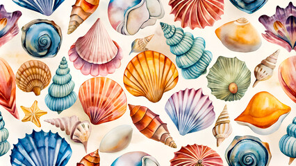Colorful watercolor pattern of diverse seashells and starfish, perfect for beach, coastal-themed designs. Artistic and intricate marine decoration suitable for tropical and ocean-inspired projects.