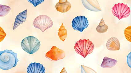 Vibrant hand-painted seashells, in multiple shapes and colors, displayed against a soft light beige background, creating a summery and oceanic decorative theme perfect for prints or graphic designs.