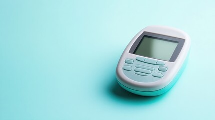 Digital glucose monitor with test strips arranged on a light pastel surface, minimalistic setting