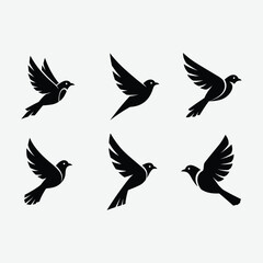 Discover this minimalist bird logo set featuring six unique, black, geometric bird designs in flight. Each logo showcases clean, abstract shapes with symmetrical composition .