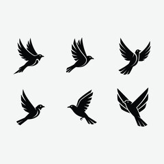 Discover this minimalist bird logo set featuring six unique, black, geometric bird designs in flight. Each logo showcases clean, abstract shapes with symmetrical composition .