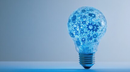 Electric efficiency symbolized by a hybrid light bulb of cogs and tech circuits, white backdrop