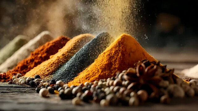Spices swirling in air over wooden table in vibrant colors with side lighting and dark background